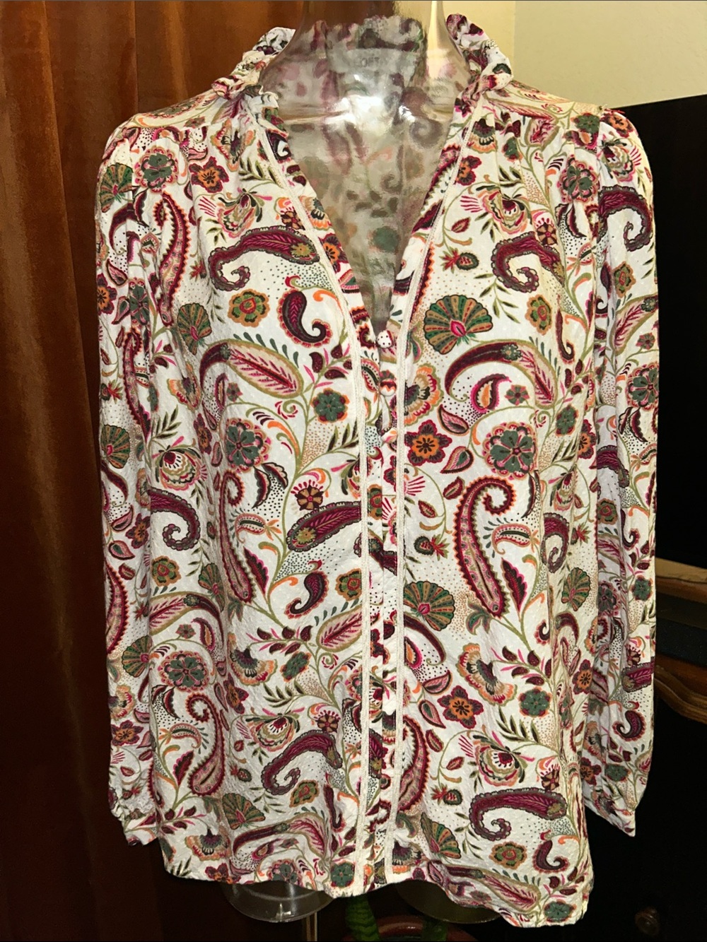 LOFT White Paisley Button-Front Long Sleeve Top with Burgundy & Green